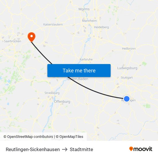 Reutlingen-Sickenhausen to Stadtmitte map
