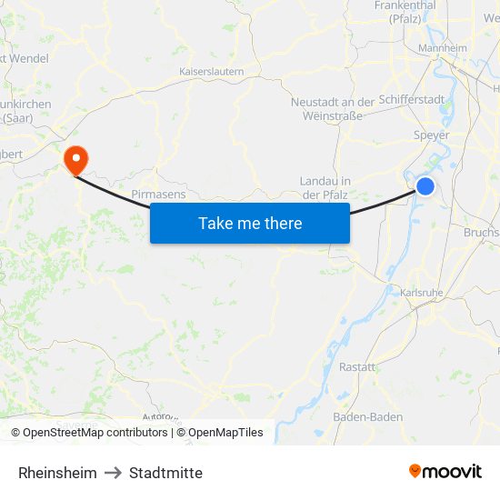 Rheinsheim to Stadtmitte map