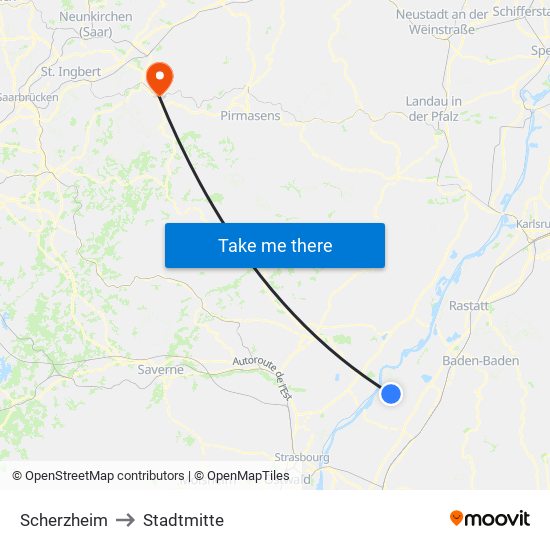 Scherzheim to Stadtmitte map