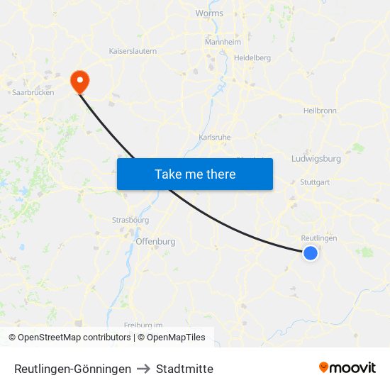 Reutlingen-Gönningen to Stadtmitte map