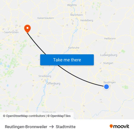 Reutlingen-Bronnweiler to Stadtmitte map