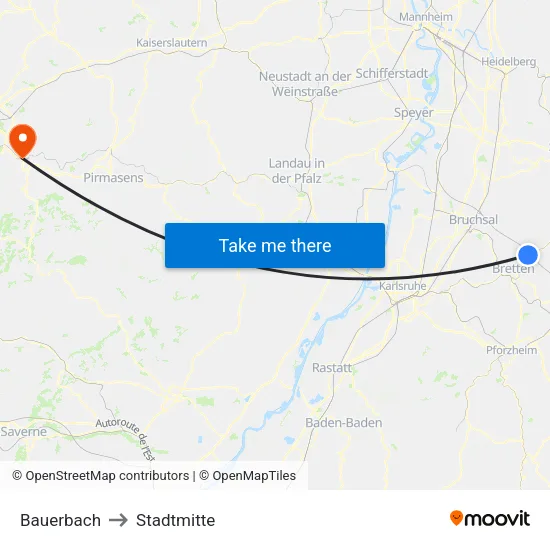 Bauerbach to Stadtmitte map