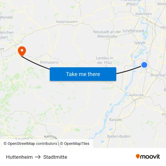 Huttenheim to Stadtmitte map