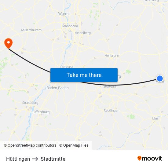 Hüttlingen to Stadtmitte map