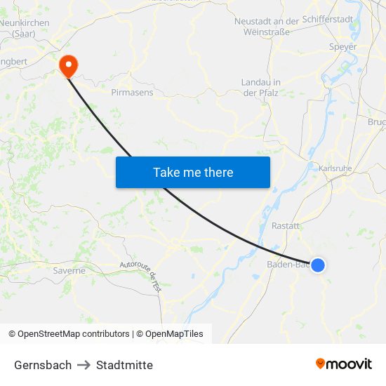Gernsbach to Stadtmitte map