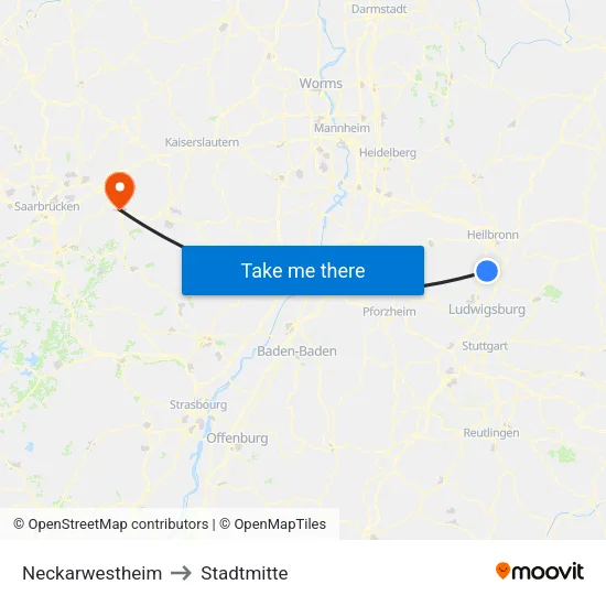 Neckarwestheim to Stadtmitte map
