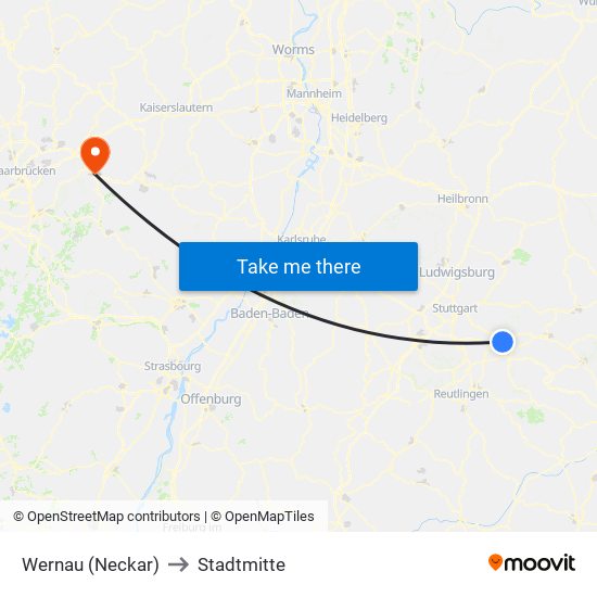 Wernau (Neckar) to Stadtmitte map