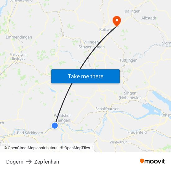 Dogern to Zepfenhan map