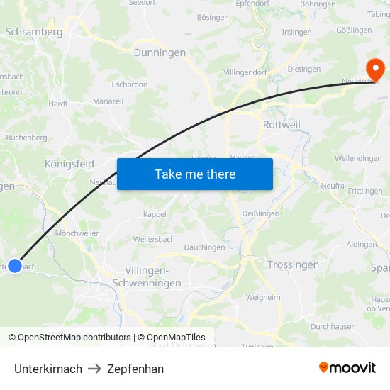 Unterkirnach to Zepfenhan map
