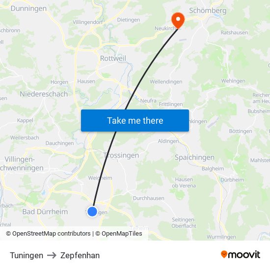 Tuningen to Zepfenhan map