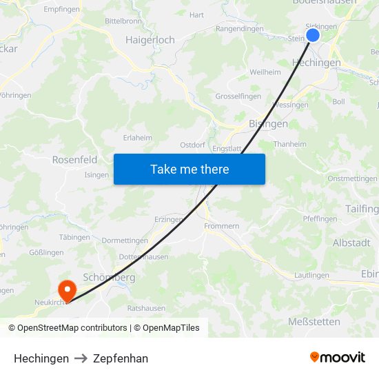 Hechingen to Zepfenhan map