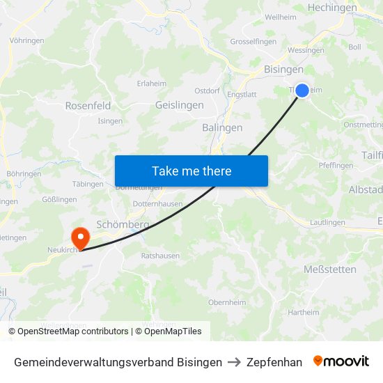 Gemeindeverwaltungsverband Bisingen to Zepfenhan map