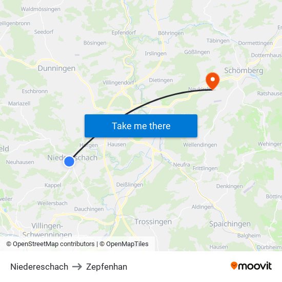 Niedereschach to Zepfenhan map
