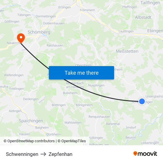 Schwenningen to Zepfenhan map