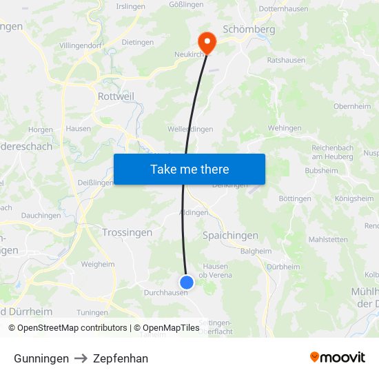 Gunningen to Zepfenhan map
