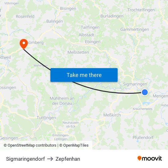 Sigmaringendorf to Zepfenhan map