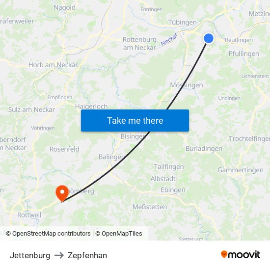 Jettenburg to Zepfenhan map