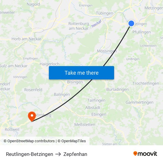Reutlingen-Betzingen to Zepfenhan map