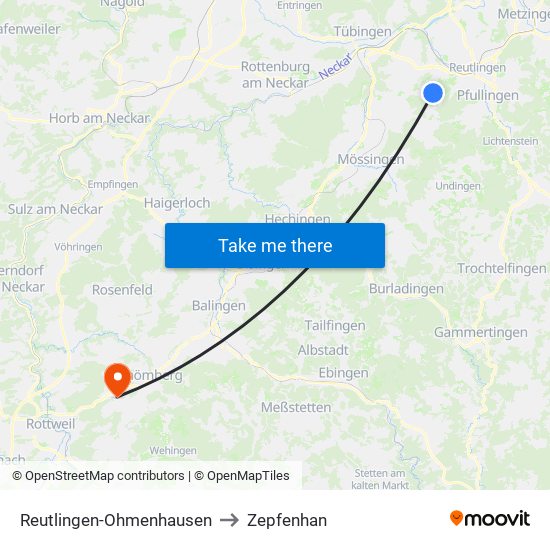 Reutlingen-Ohmenhausen to Zepfenhan map