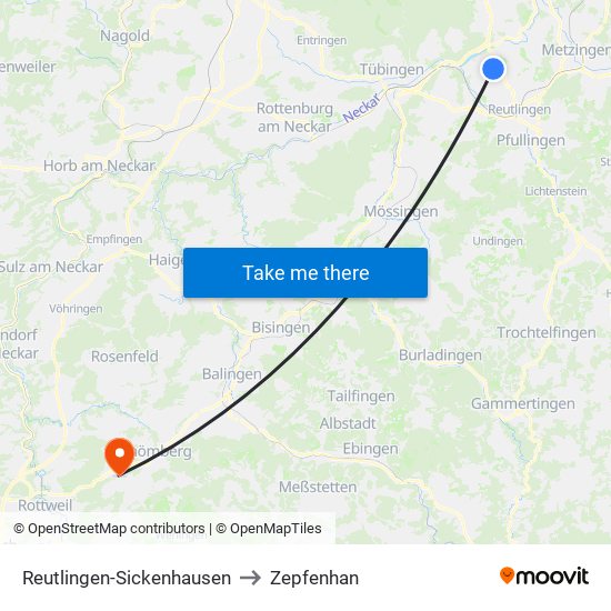 Reutlingen-Sickenhausen to Zepfenhan map