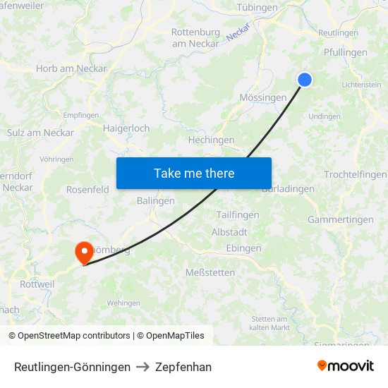 Reutlingen-Gönningen to Zepfenhan map