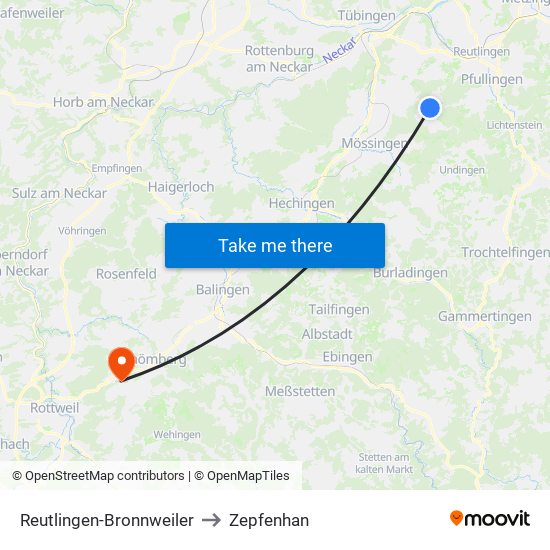 Reutlingen-Bronnweiler to Zepfenhan map