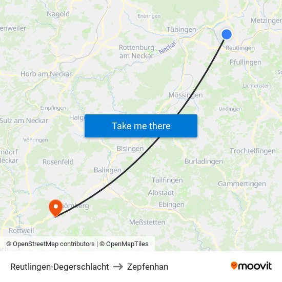 Reutlingen-Degerschlacht to Zepfenhan map