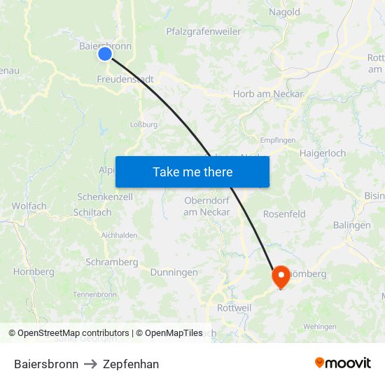 Baiersbronn to Zepfenhan map