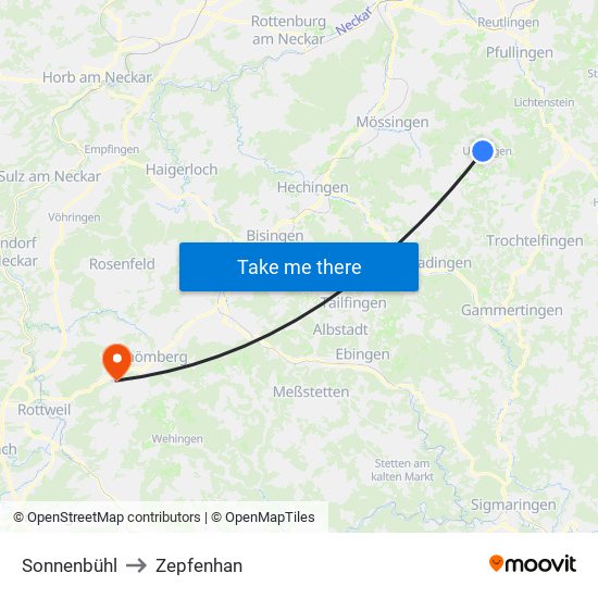 Sonnenbühl to Zepfenhan map