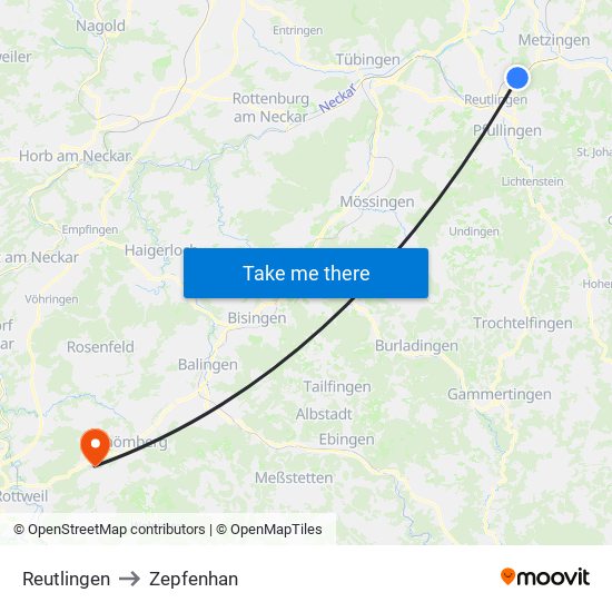 Reutlingen to Zepfenhan map