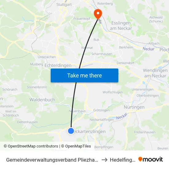 Gemeindeverwaltungsverband Pliezhausen to Hedelfingen map