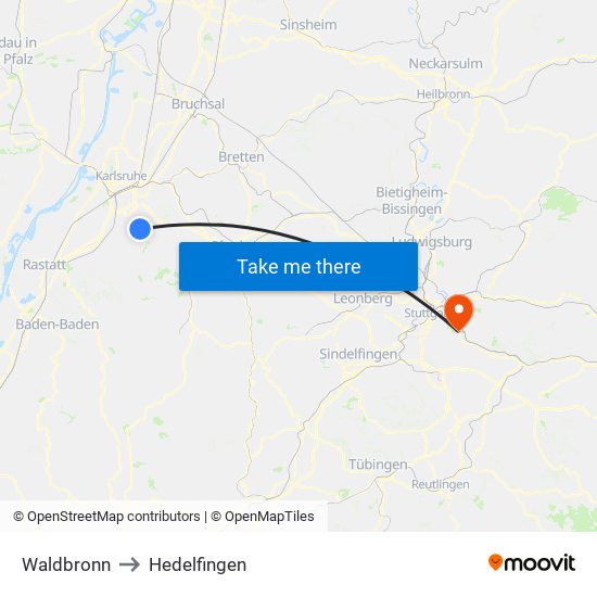 Waldbronn to Hedelfingen map