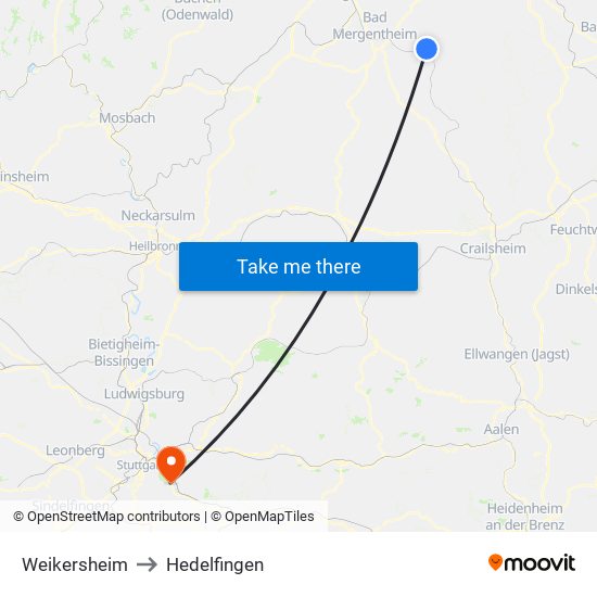 Weikersheim to Hedelfingen map