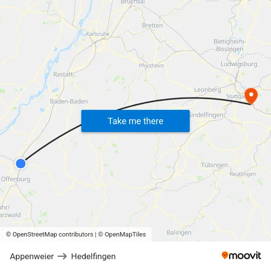 Appenweier to Hedelfingen map