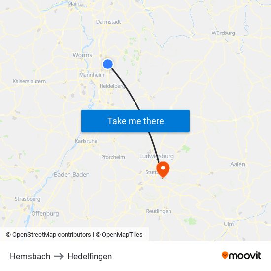 Hemsbach to Hedelfingen map
