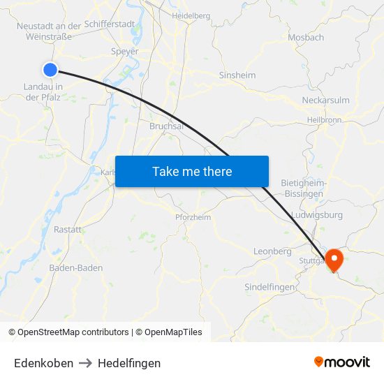 Edenkoben to Hedelfingen map