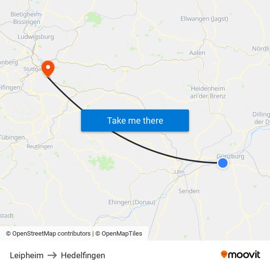 Leipheim to Hedelfingen map