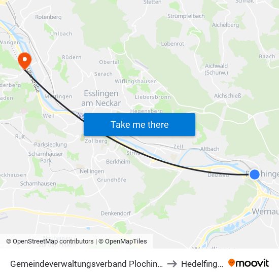 Gemeindeverwaltungsverband Plochingen to Hedelfingen map