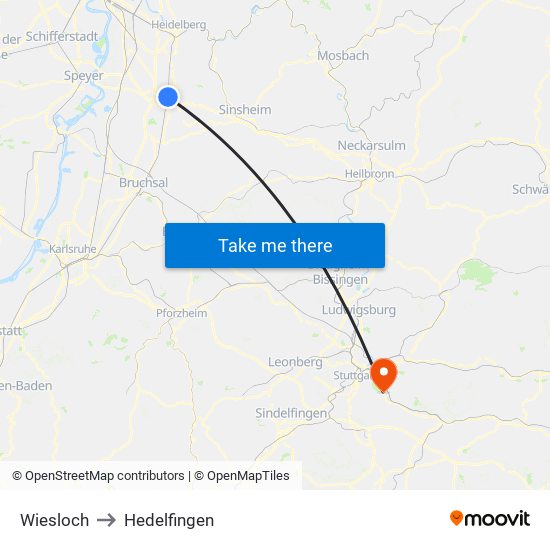 Wiesloch to Hedelfingen map