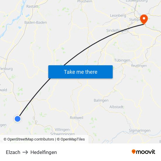 Elzach to Hedelfingen map