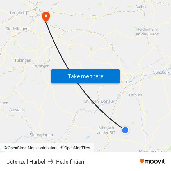 Gutenzell-Hürbel to Hedelfingen map