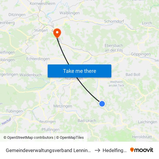 Gemeindeverwaltungsverband Lenningen to Hedelfingen map