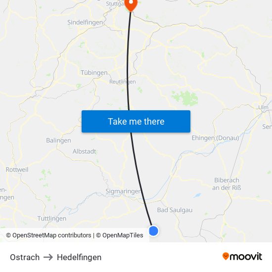 Ostrach to Hedelfingen map