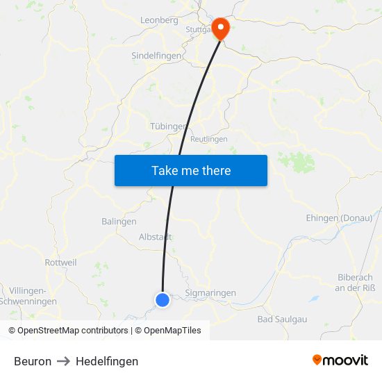 Beuron to Hedelfingen map