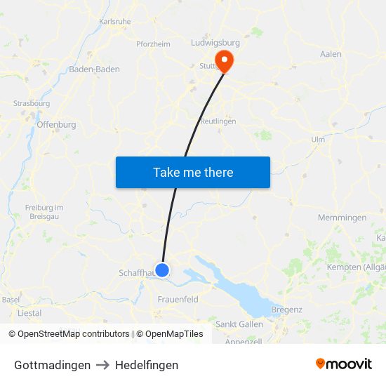 Gottmadingen to Hedelfingen map