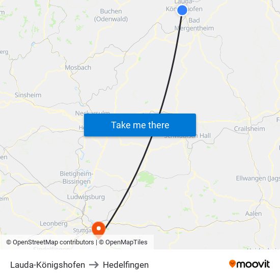 Lauda-Königshofen to Hedelfingen map