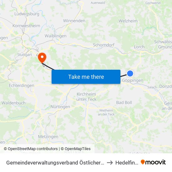 Gemeindeverwaltungsverband Östlicher Schurwald to Hedelfingen map