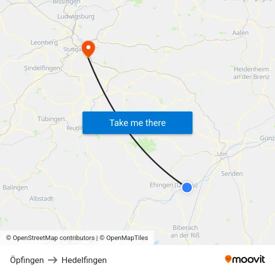 Öpfingen to Hedelfingen map