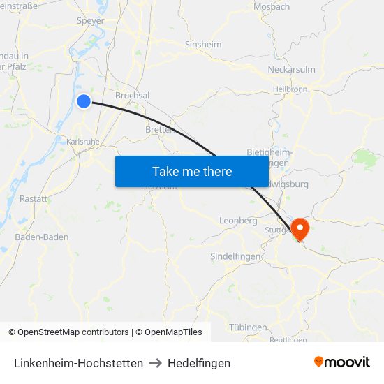 Linkenheim-Hochstetten to Hedelfingen map