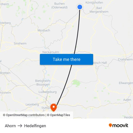 Ahorn to Hedelfingen map